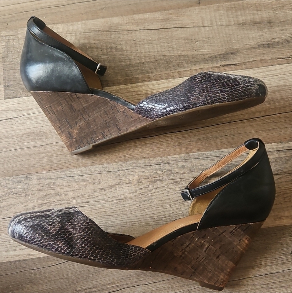 Clarks Black and Brown Snakeskin Cork Close Toed Wedges